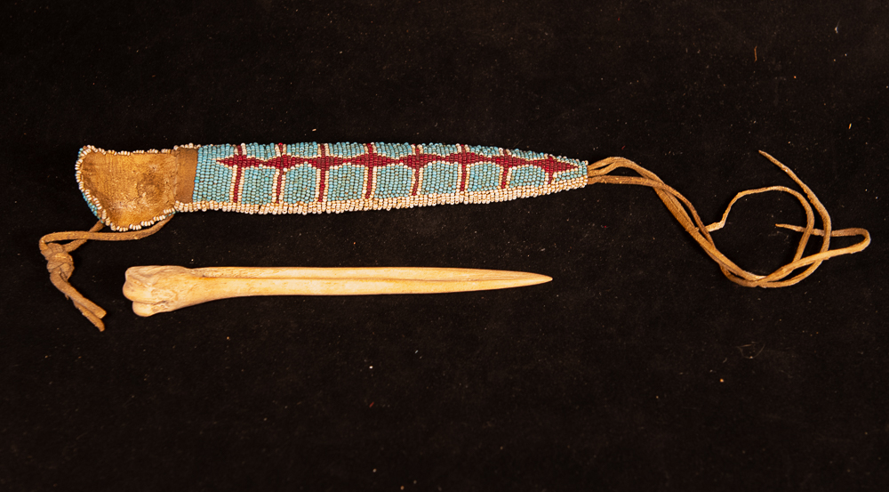 Southern plains bone awl in original beaded case Southern plains beaded awl