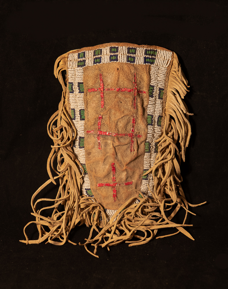 Beaded Sioux brain tagged bag with quilled crosses Sioux beaded and quilled bag